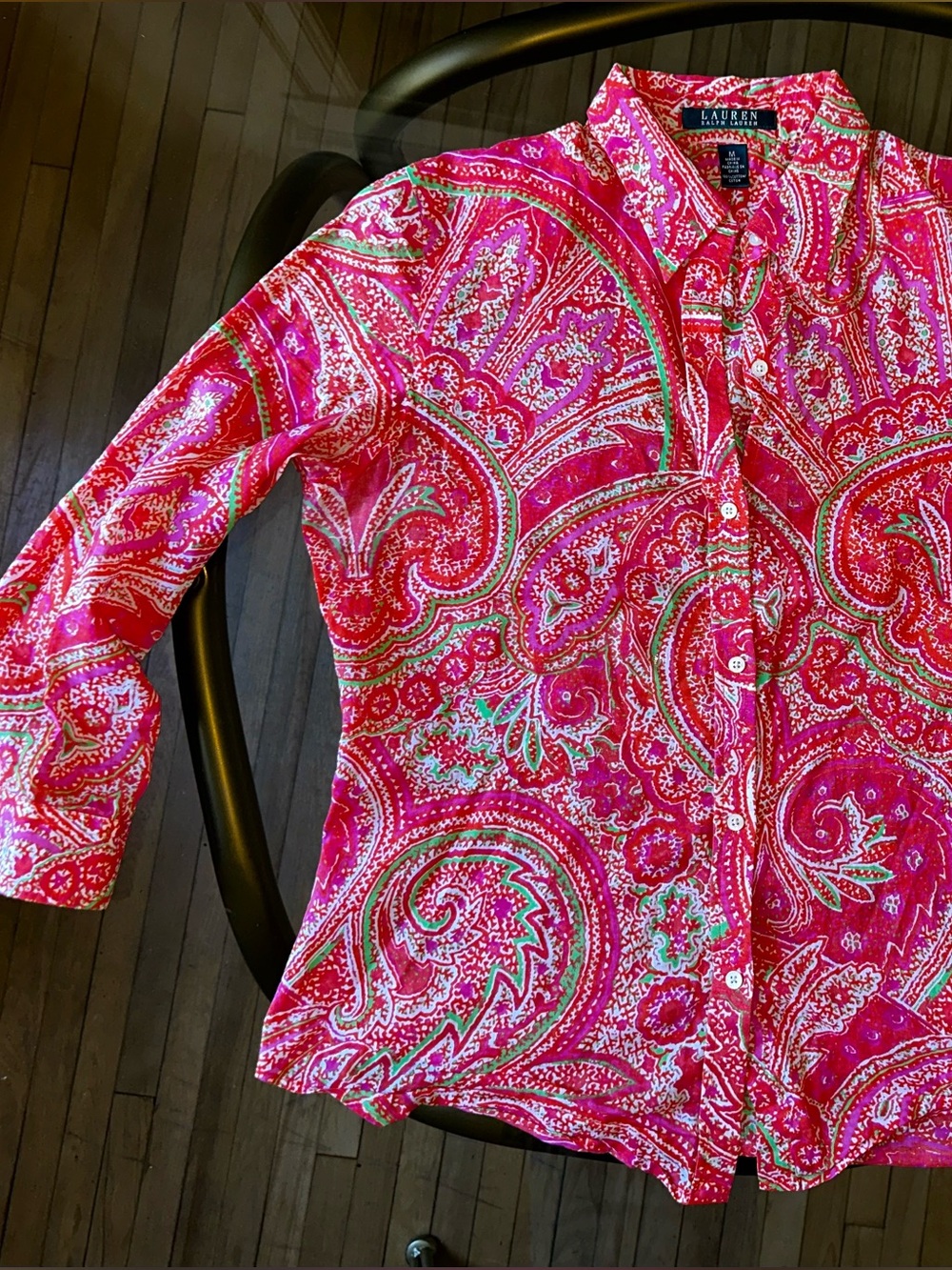 Lauren by Ralph Lauren Pink Paisley Button-Down Cotton Blouse - Size M